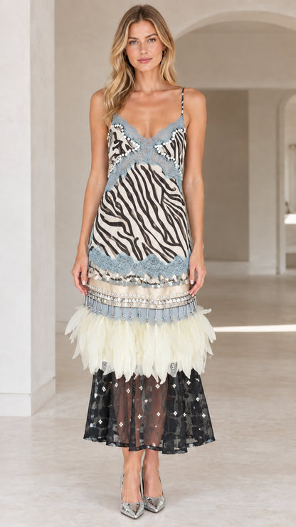Ivory and black zebra print cami midi dress with feather hem detail