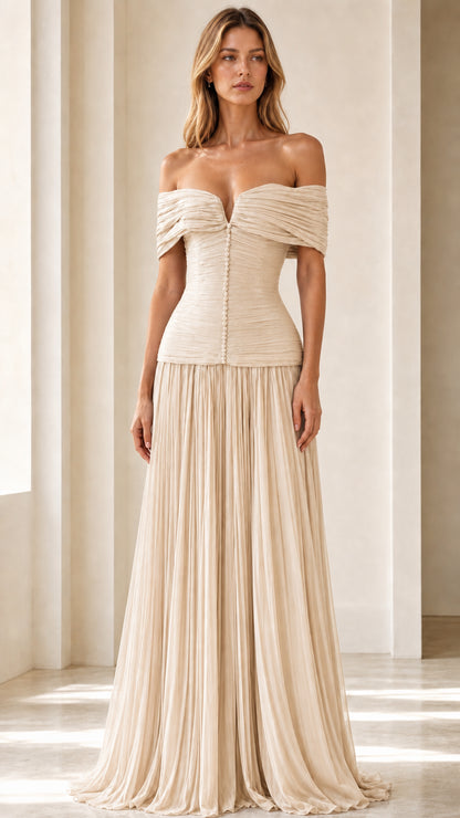 Front view of champagne off-shoulder pleated corset maxi dress