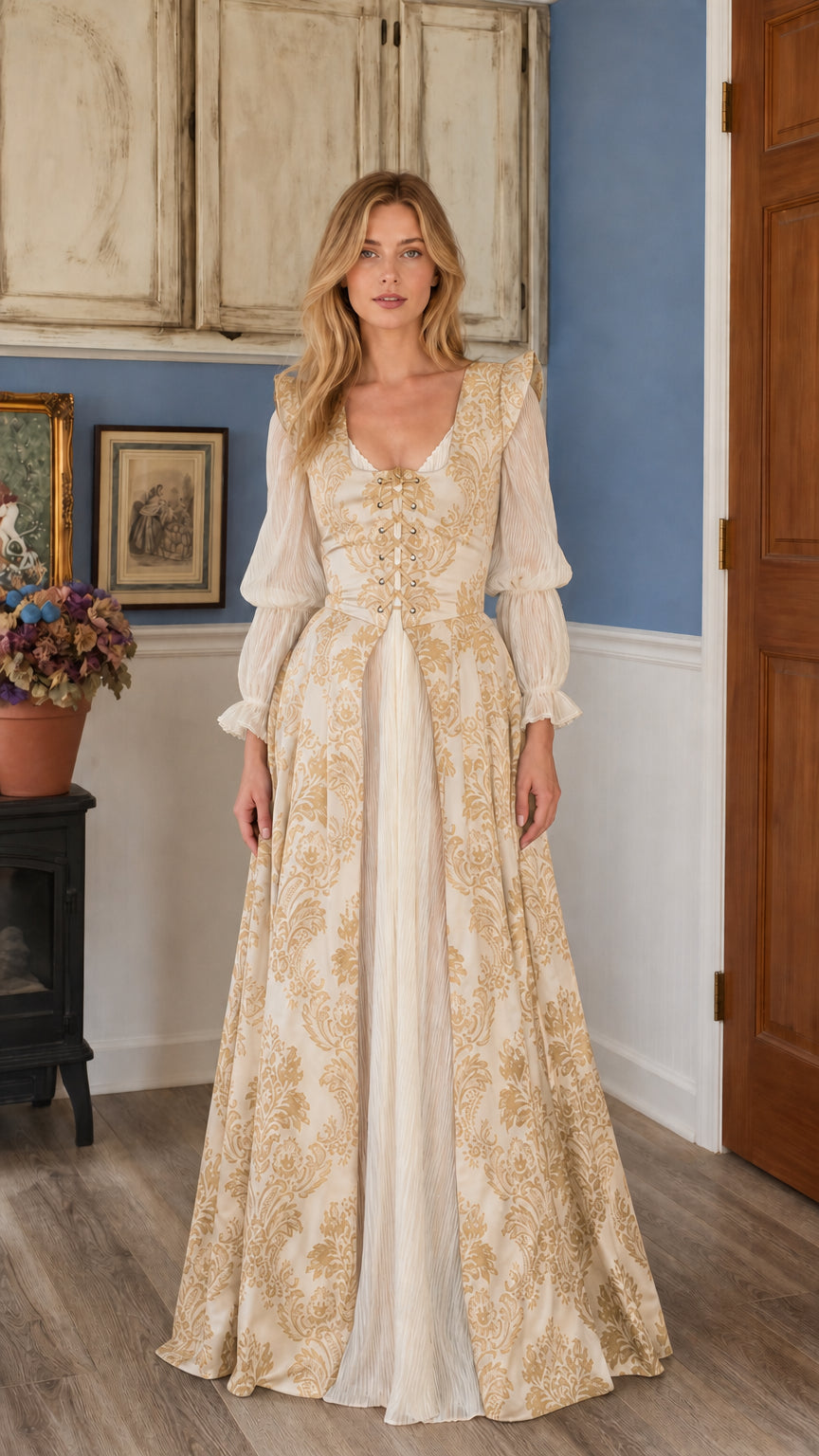 Renaissance medieval lace-up overdress gown in champagne