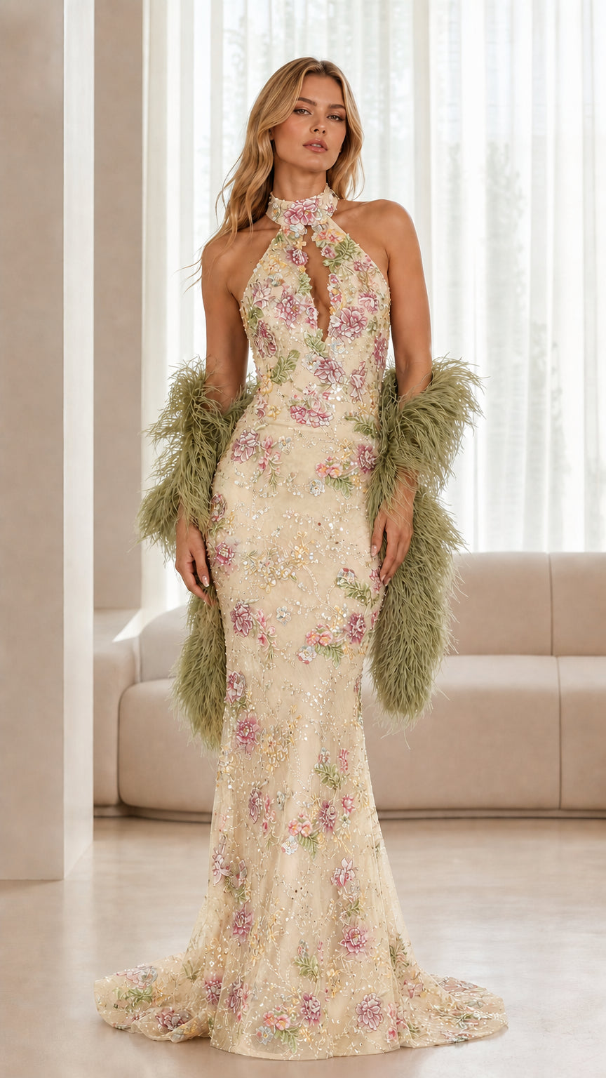Champagne cream floral sequin halter neck evening gown