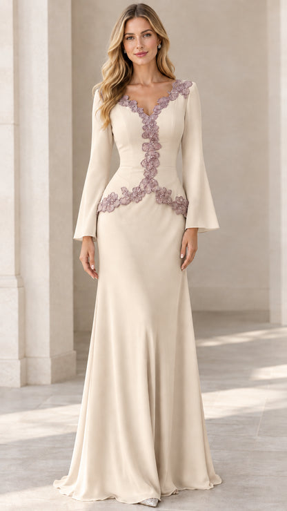 Champagne cream formal maxi dress with contrast mauve lace embellishments