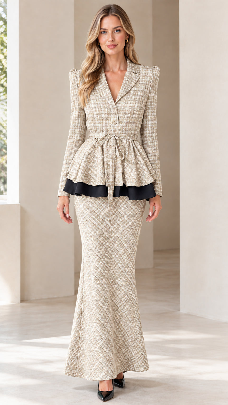 Front view of woman wearing beige cream tweed peplum blazer and matching maxi skirt set