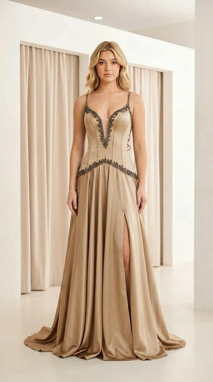 Front view of champagne satin evening dress
