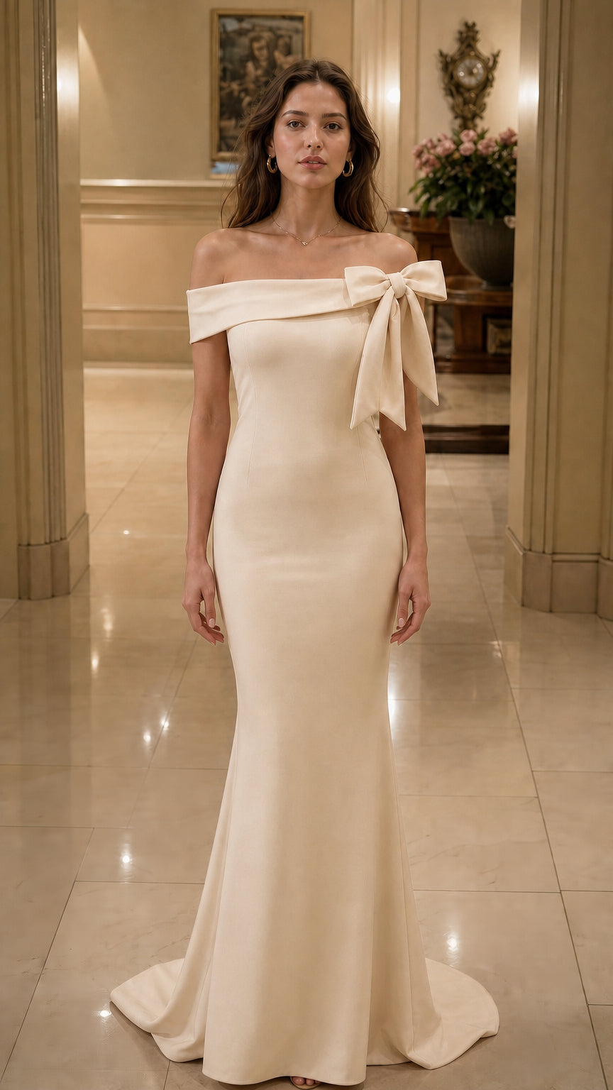 Front view of champagne off-shoulder mermaid evening gown