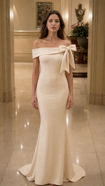 Front view of champagne off-shoulder mermaid evening gown