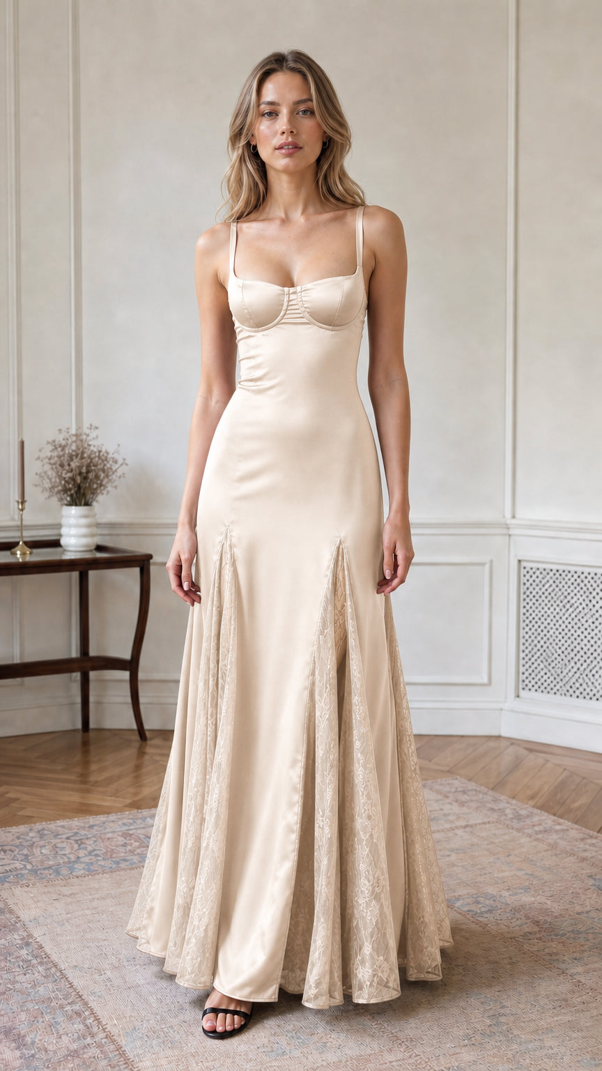 Full-length front view of champagne ivory satin bustier gown with lace skirt details