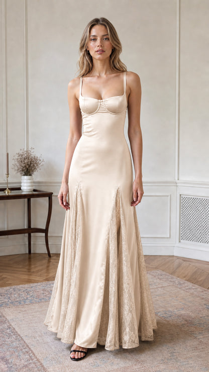 Full-length front view of champagne ivory satin bustier gown with lace skirt details