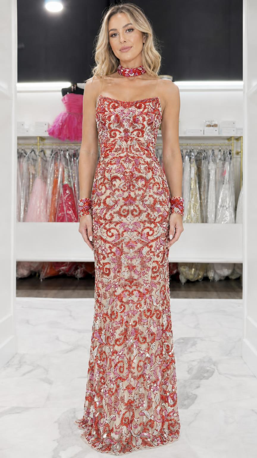 Peach embellished strapless evening gown variant