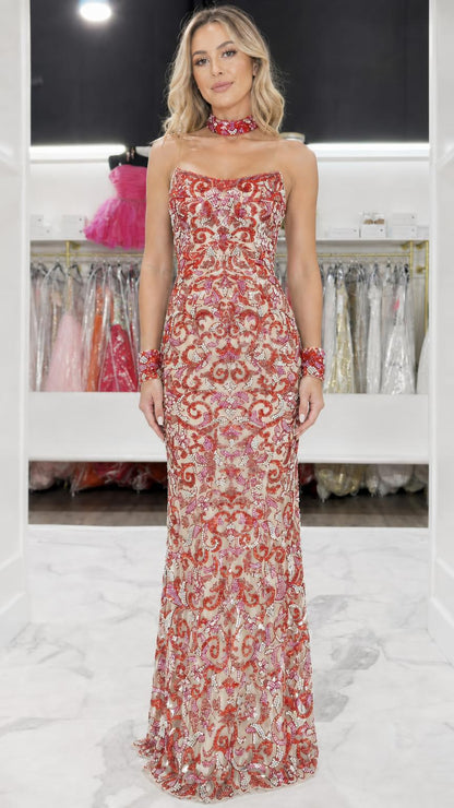 Peach embellished strapless evening gown variant