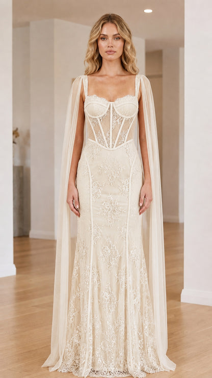 Front view of the champagne cape corset maxi dress