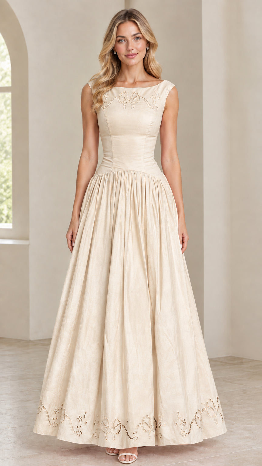 Model wearing Champagne cream sleeveless embroidered evening maxi gown