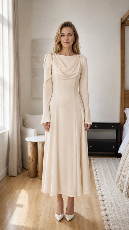 Front view of model wearing cream cowl neck midi dress