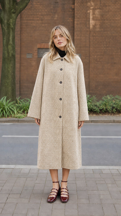 Women's Oatmeal beige long textured overcoat full view