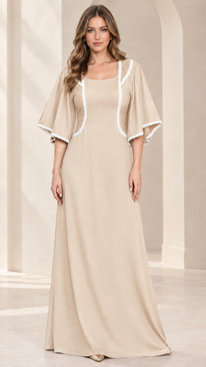 Front view of beige flutter sleeve square neck maxi dress with white trim