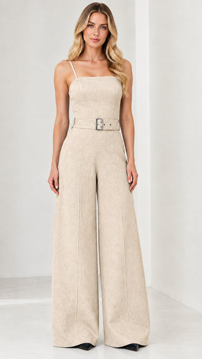 Front view of model wearing the belted wide-leg jumpsuit in beige