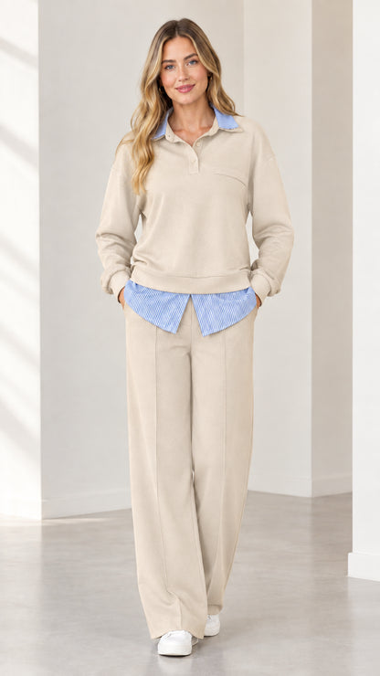 Full-body view of woman wearing beige cream 2-piece layered collared set