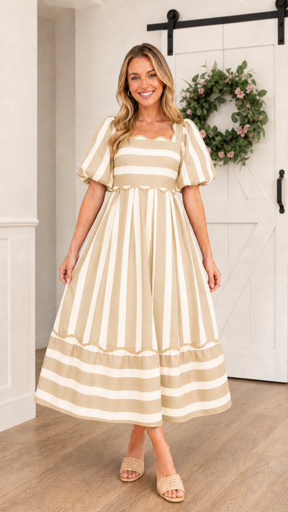 Model wearing khaki striped midi dress variant