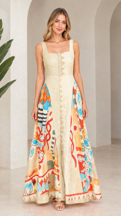 Front view of warm beige monochrome abstract print sleeveless maxi dress