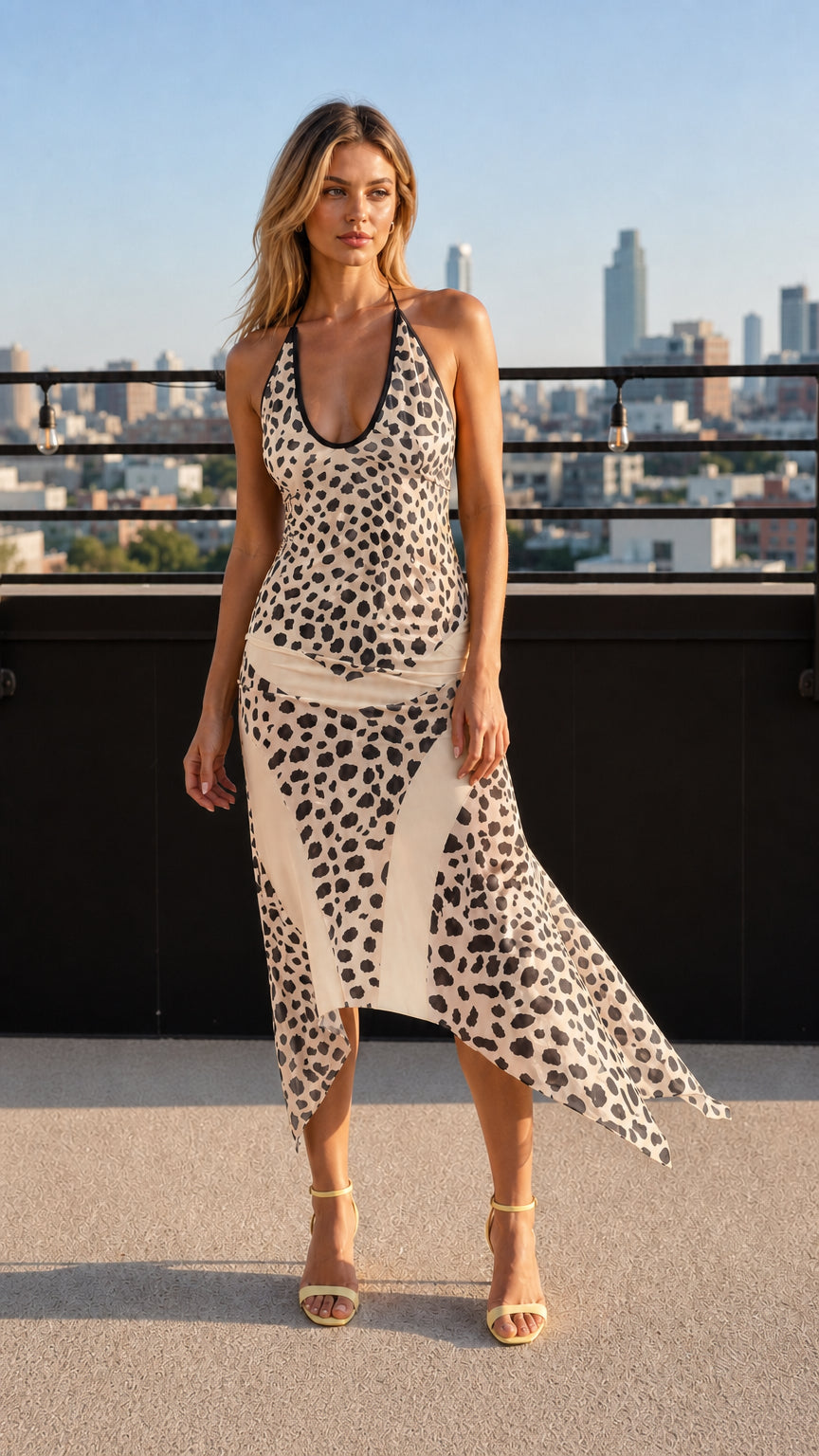Front view of model wearing white leopard print halter midi dress