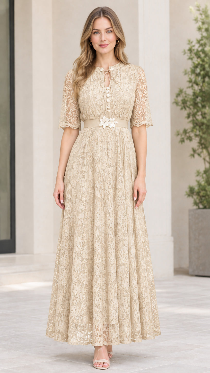 Champagne beige floral lace evening maxi gown with floral accents