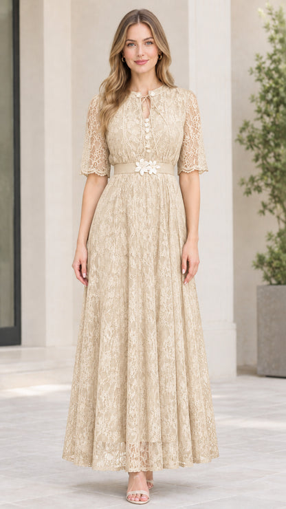 Champagne beige floral lace evening maxi gown with floral accents