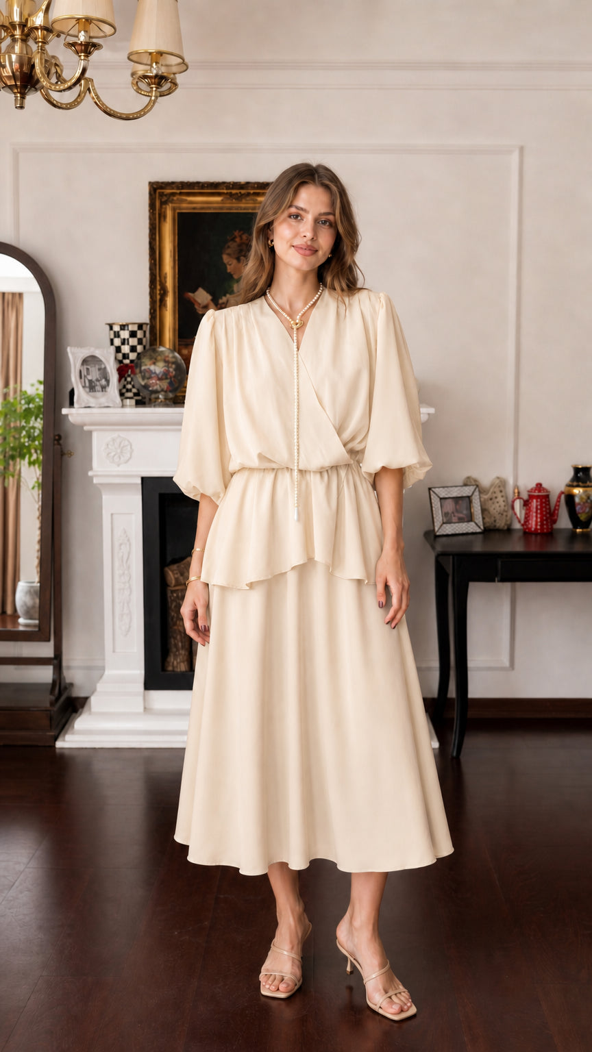 Model wearing beige V-neck layered midi dress