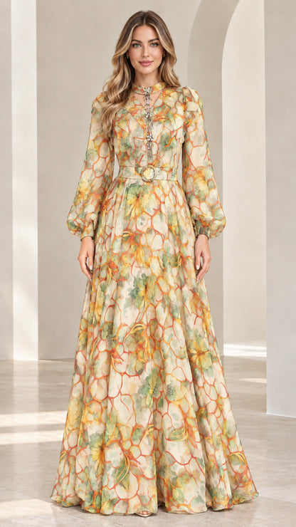 Front view of model wearing Champagne floral chiffon long sleeve maxi dress