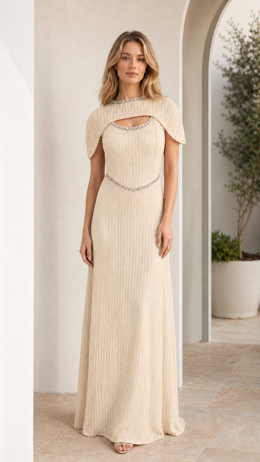 Champagne beige pleated cape sleeve evening gown with embellishments