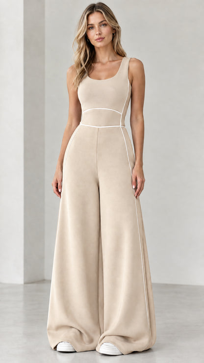Beige sleeveless wide-leg jumpsuit with white piping detail