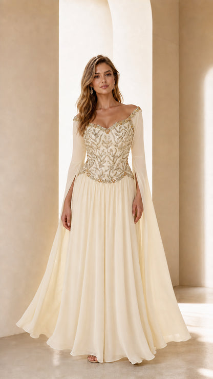 Front view of cream embellished evening gown