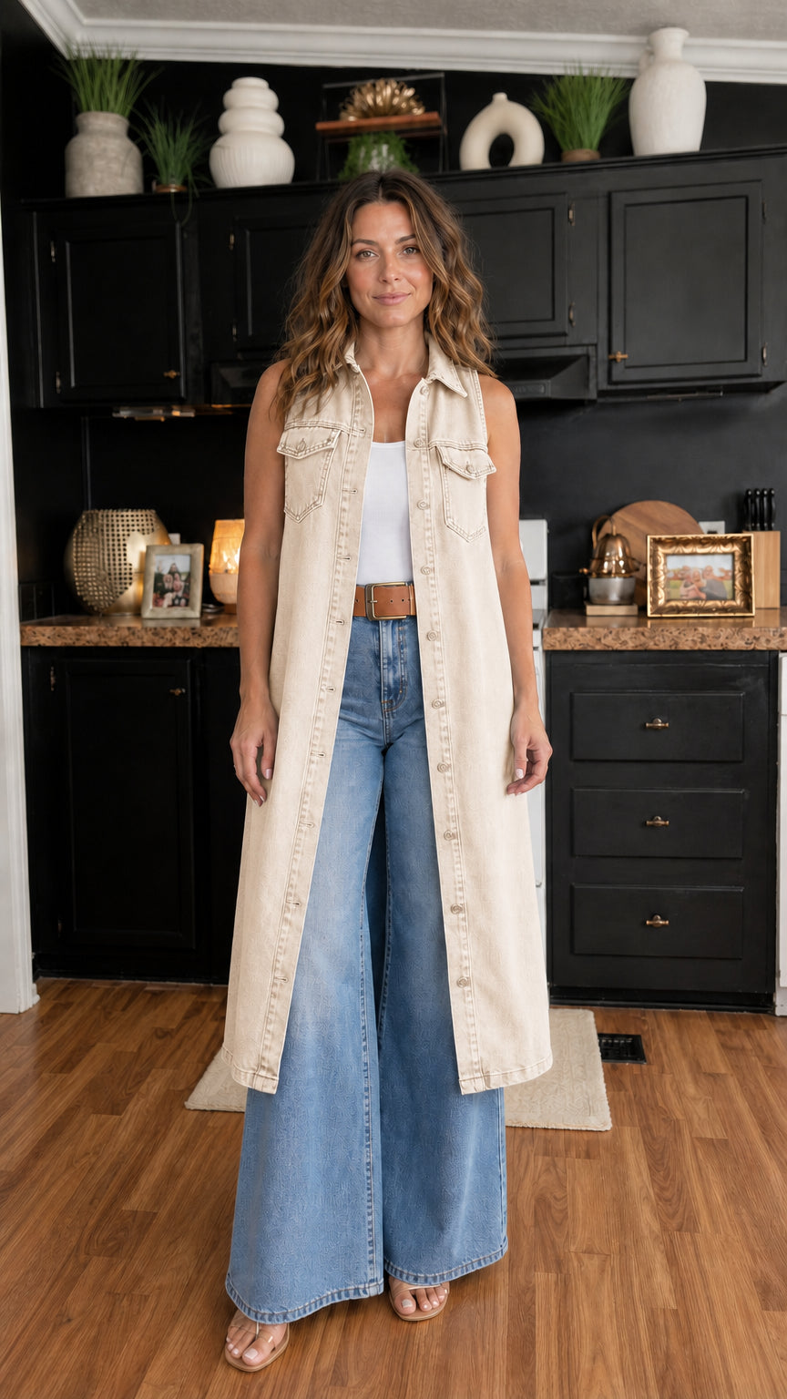 Woman wearing beige longline denim vest over white top