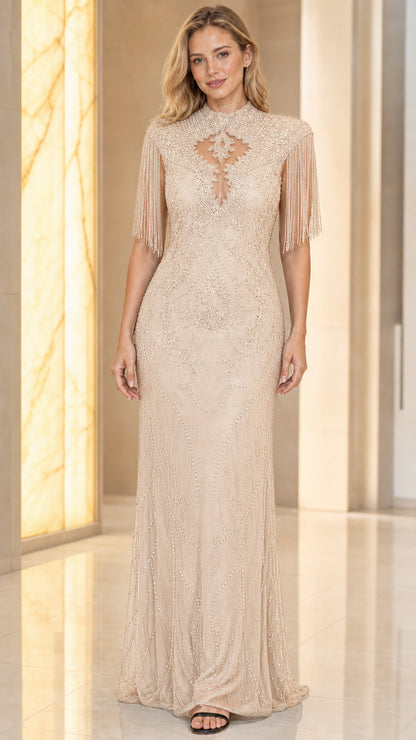 Front view of champagne evening gown variant