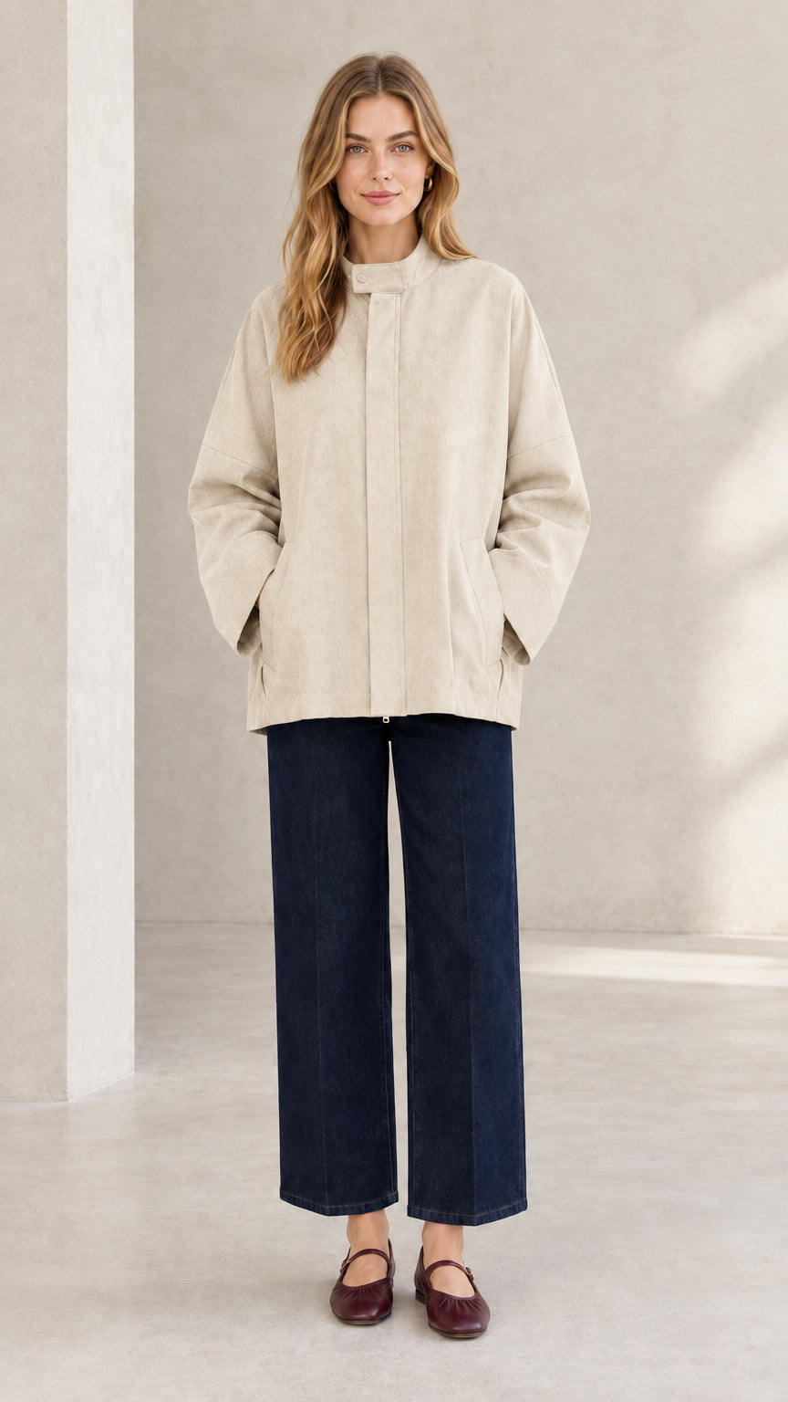 Front view of woman wearing light beige minimalist stand collar jacket