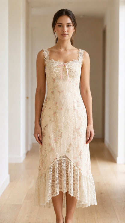 Model wearing beige floral midi dress with lace trim