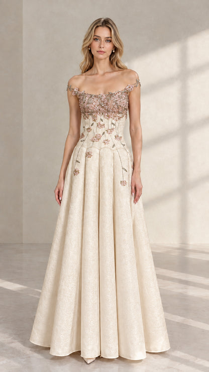 Front view of champagne cream off-the-shoulder pleated A-line evening gown