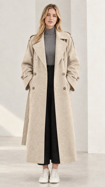 Front view of longline beige oatmeal textured trench coat