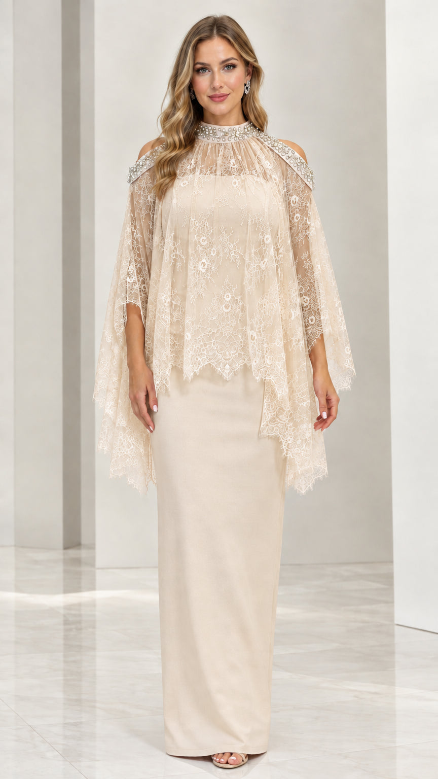 Front view of elegant champagne beige beaded cold-shoulder lace maxi dress