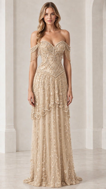 Front view of champagne gold off-shoulder beaded evening gown