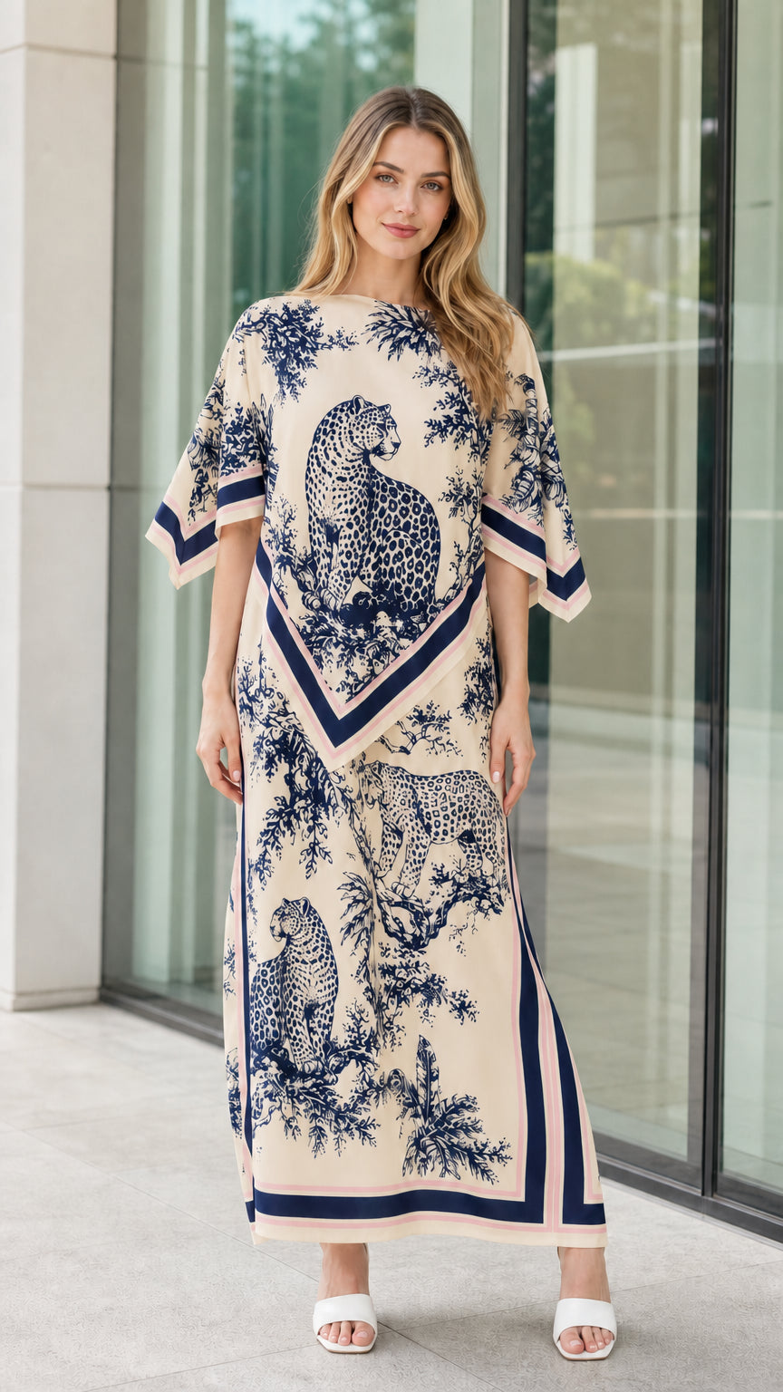 Beige and navy leopard scarf print kaftan maxi dress