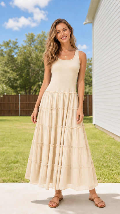 Full body view of woman wearing Cream beige scoop neck tiered maxi dress