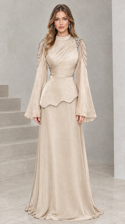 Champagne beige ruched mock neck bell sleeve formal gown with beaded details