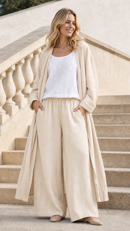 Model wearing Beige hooded long cardigan and wide-leg pants set