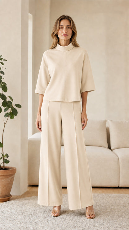 Woman wearing cream neutral lounge set
