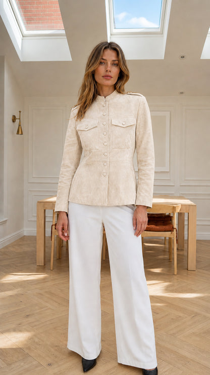 Model wearing cream off-white faux suede stand collar tailored jacket