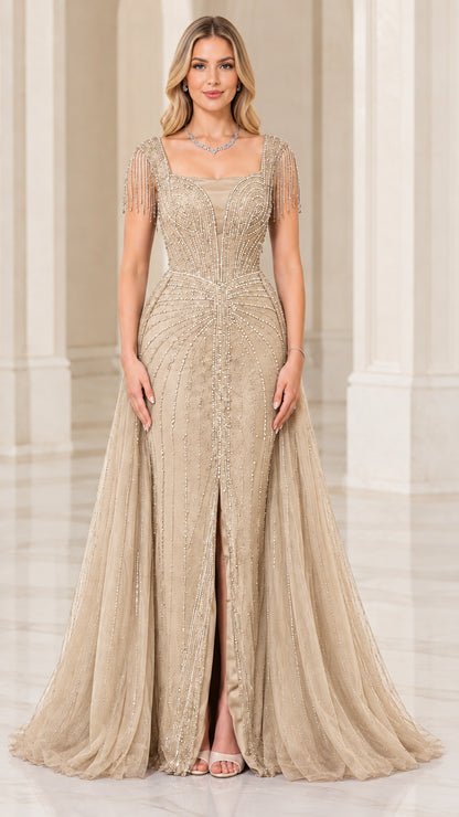 Full-length front view of champagne gold beaded formal evening gown