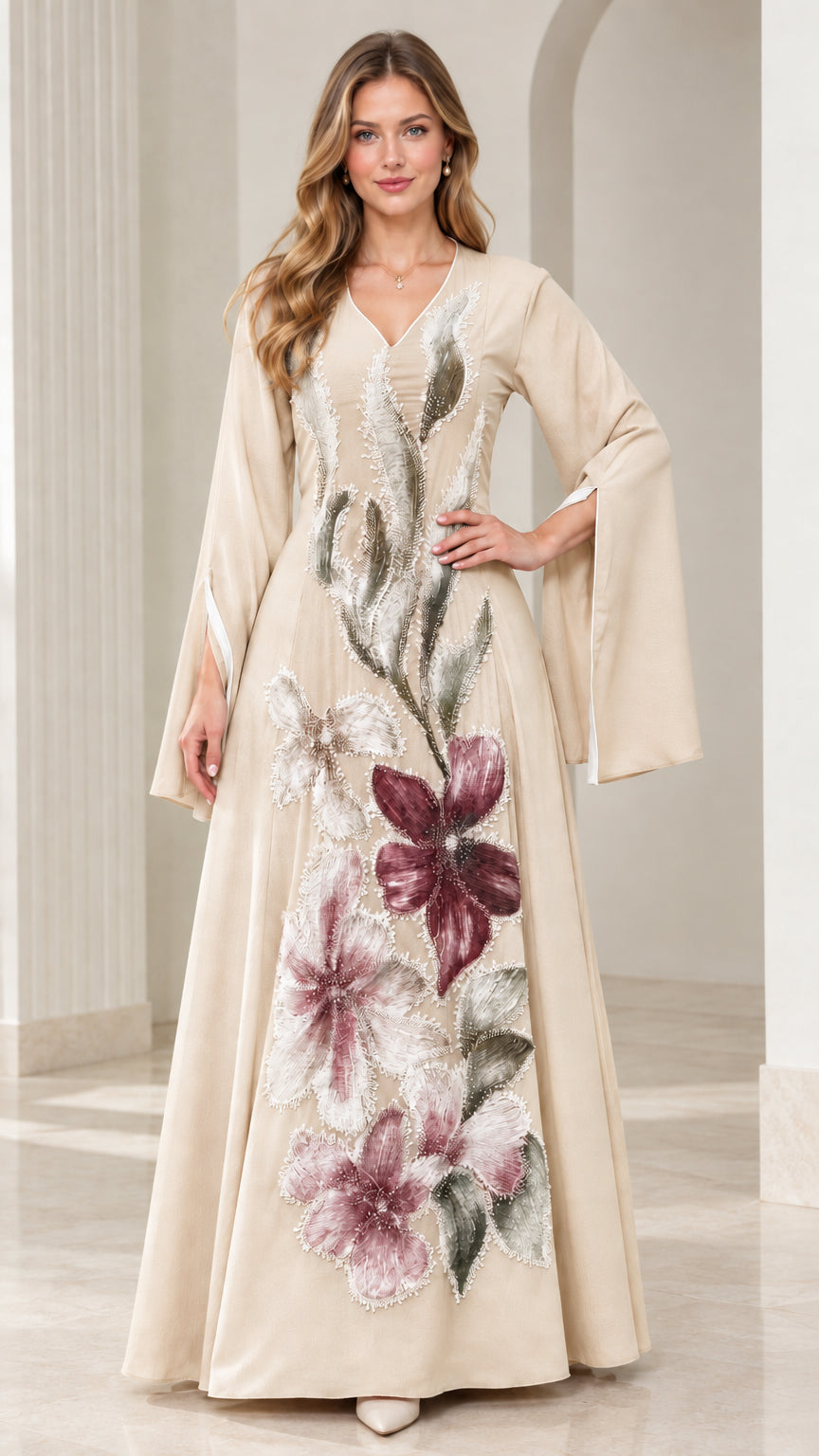 Champagne beige floor-length floral embroidered gown with lace-up back