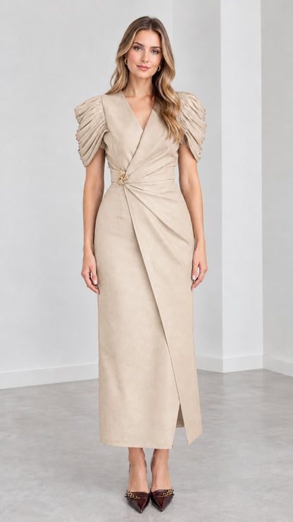 Front view of woman wearing Beige neutral elegant pleated cap sleeve evening gown