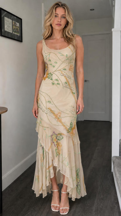 Front view of champagne floral beaded mesh maxi dress