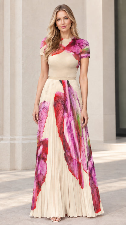 Front view of beige champagne short sleeve pleated floral maxi dress