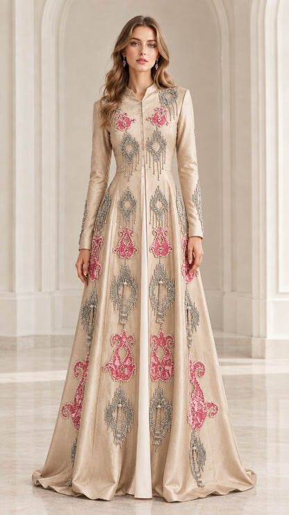 Full-length front view of champagne beige embroidered evening maxi dress